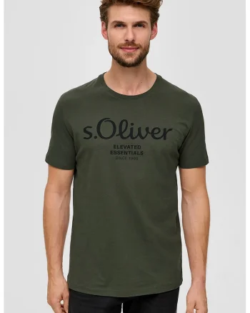 Tricou de bumbac cu imprimeu logo, Negru/Verde inchis