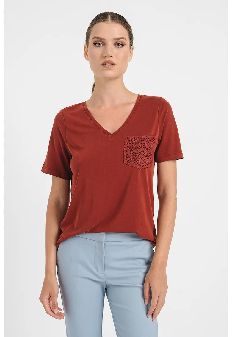 Tricou din amestec de modal cu decolteu in V, Caramiziu