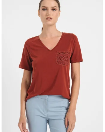 Tricou din amestec de modal cu decolteu in V, Caramiziu