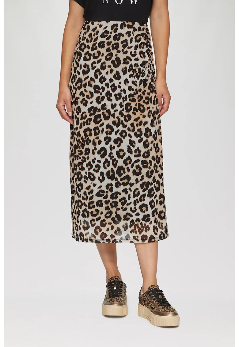 Fusta midi cu animal print, Alb fildes/Maro