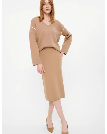 Fusta midi dreapta din tricot fin, Maro deschis