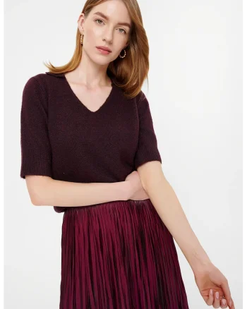 Pulover cu decolteu in V si maneci scurte, Violet pruna