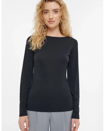 Bluza din amestec de modal cu decolteu la baza gatului, Negru stins