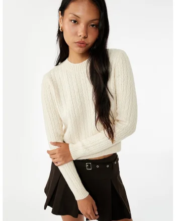 Pulover crop cu decolteu la baza gatului, Bej deschis