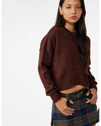 Pulover crop cu terminatie asimetrica, Maro