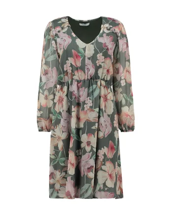 Rochie midi cu decolteu rotund si model floral, Roz pastel/Piersica/Verde feriga