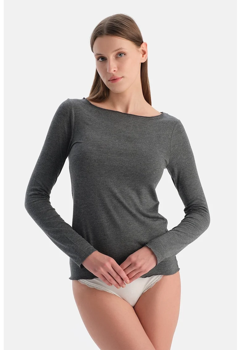 Bluza de casa din amestec de modal si casmir cu decolteu barcuta, Gri inchis melange
