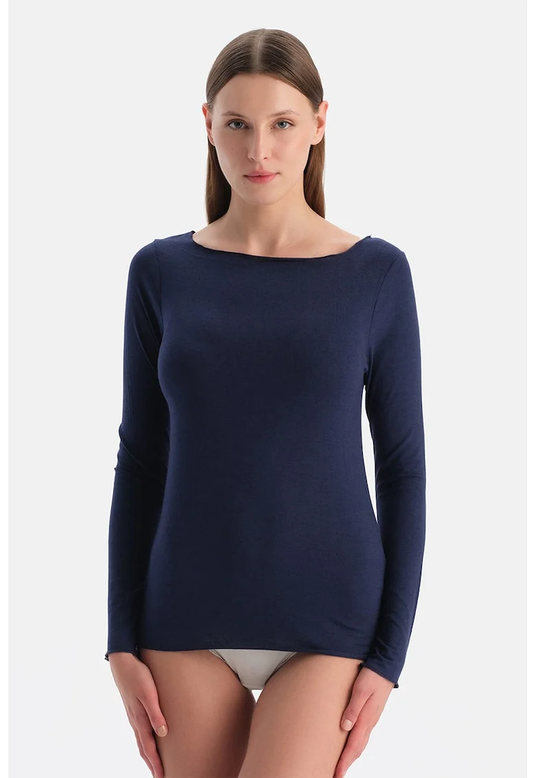 Bluza de casa din amestec de modal si casmir cu decolteu barcuta, Bleumarin