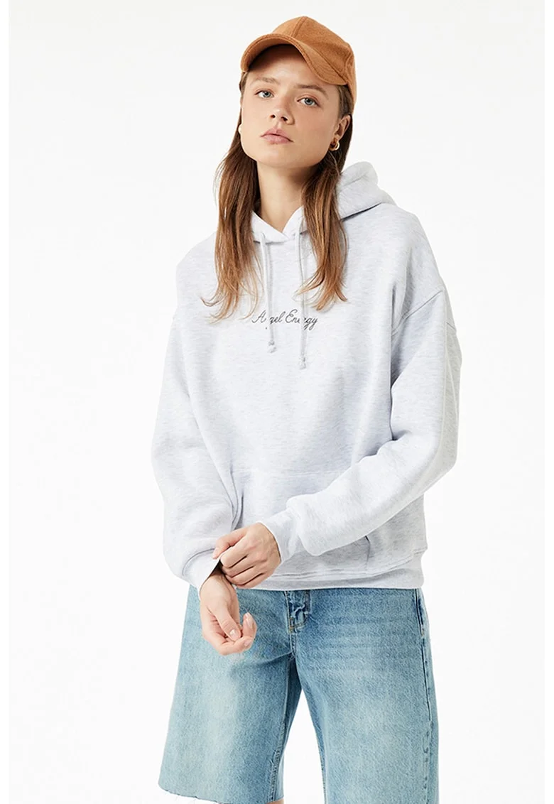 Hanorac regular fit cu model text, Gri deschis melange/Argintiu