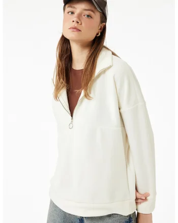 Bluza de trening cu fermoar si maneci cazute, Alb fildes