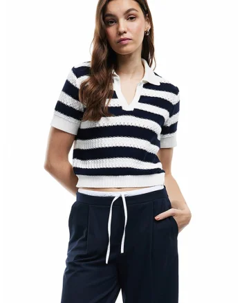 Tricou tricotat cu model in dungi, Alb/Negru