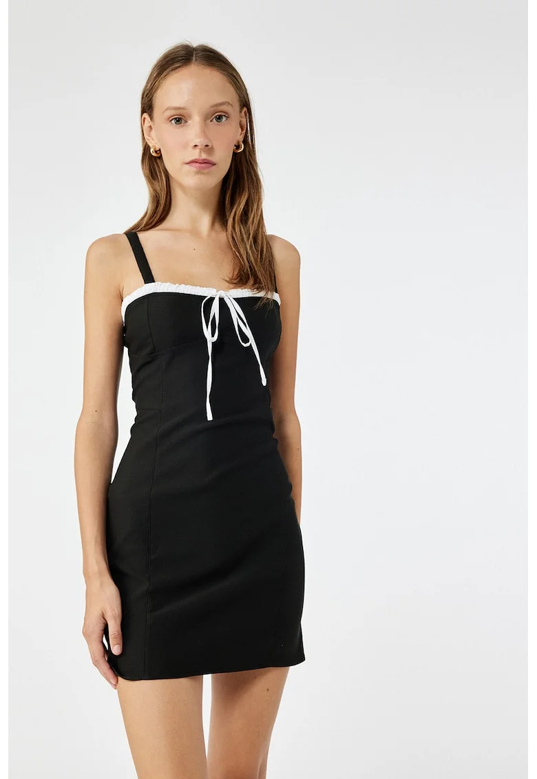 Rochie creion scurta cu bretele subtiri si detaliu funda, Negru