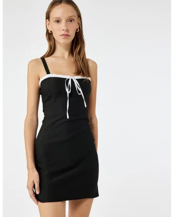 Rochie creion scurta cu bretele subtiri si detaliu funda, Negru