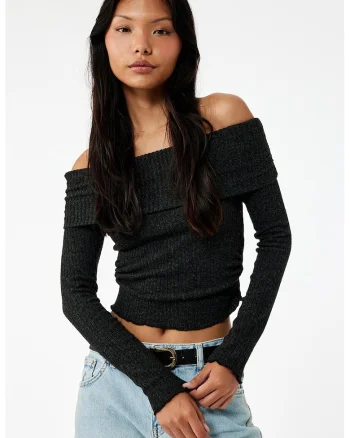Bluza texturata cu decolteu pe umeri, Gri antracit