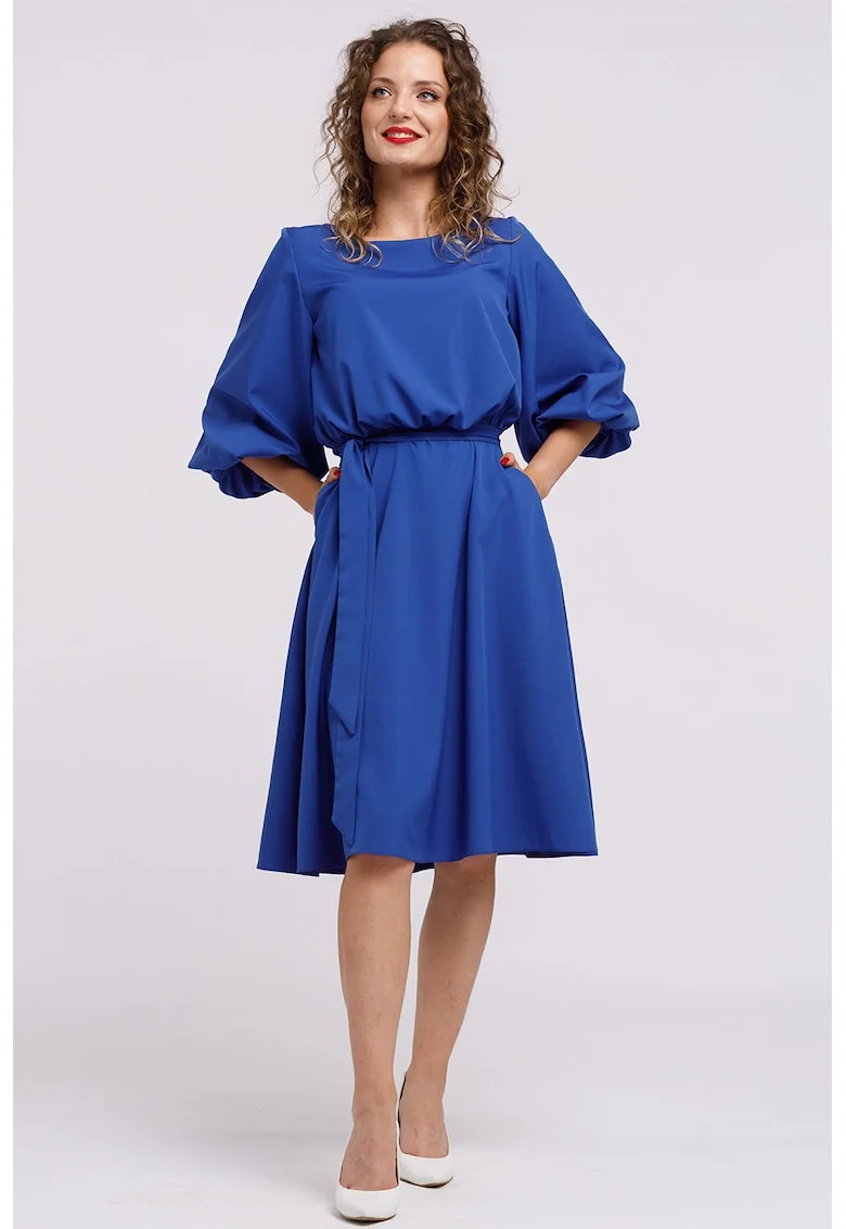 Rochie midi evazata cu cordon, Albastru royal