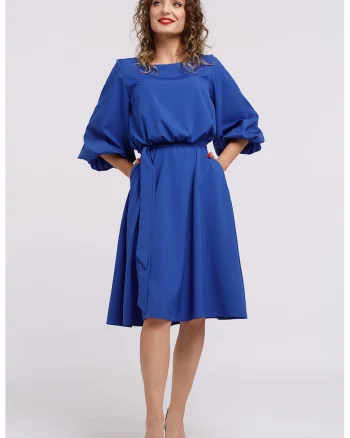 Rochie midi evazata cu cordon, Albastru royal