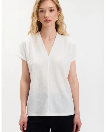 Bluza cu decolteu in V si mansete elastice, Alb murdar
