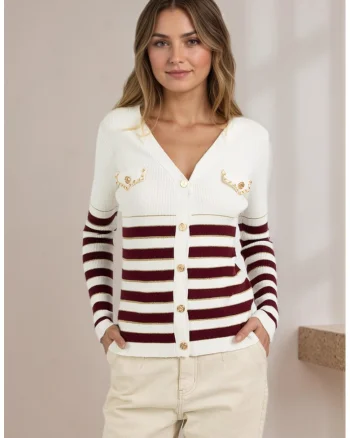 Cardigan slim fit din amestec de vascoza Z-95 M8 18176, Alb