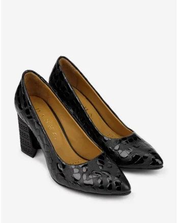 Pantofi dama din piele neagra cu model si toc deosebit