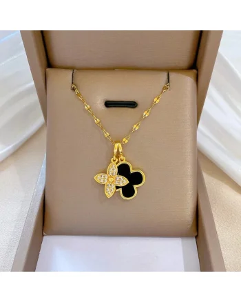 Colier auriu, din otel inoxidabil, suflat cu aur 18k, cu 2 piese de trifoi si pietre din zirconiu, Idda C4