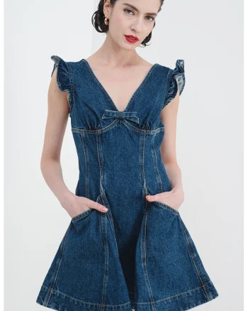 Rochie evazata de denim, Albastru inchis