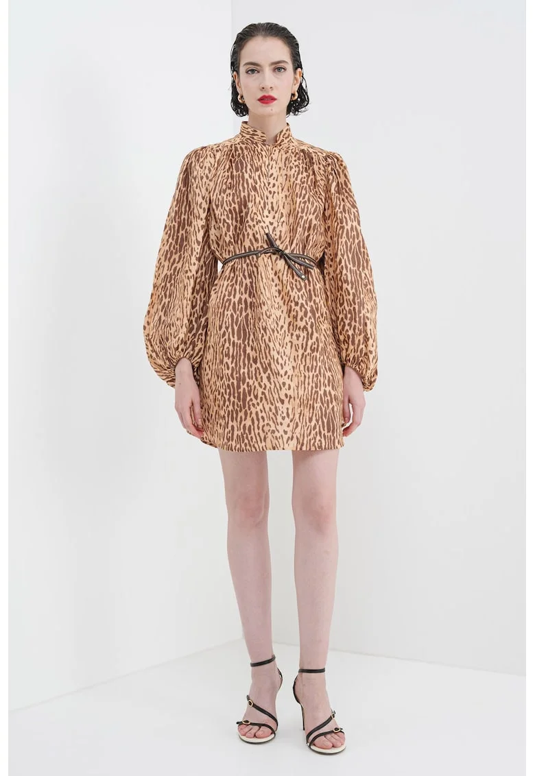 Rochie de in cu animal print si guler scurt, Maro inchis/Maro deschis