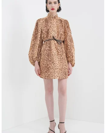 Rochie de in cu animal print si guler scurt, Maro inchis/Maro deschis