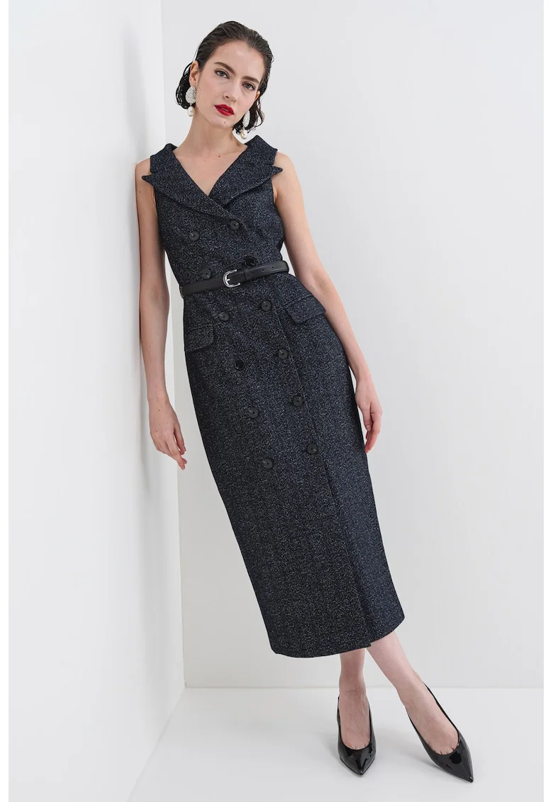 Rochie midi din amestec de lana cu nasturi si curea in talie, Albastru ultramarin/Alb murdar/Gri antracit