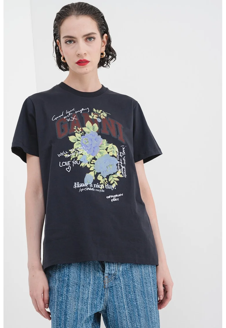 Tricou de bumbac cu imprimeu floral, Verde/Albastru/Gri antracit