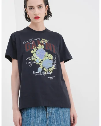 Tricou de bumbac cu imprimeu floral, Verde/Albastru/Gri antracit