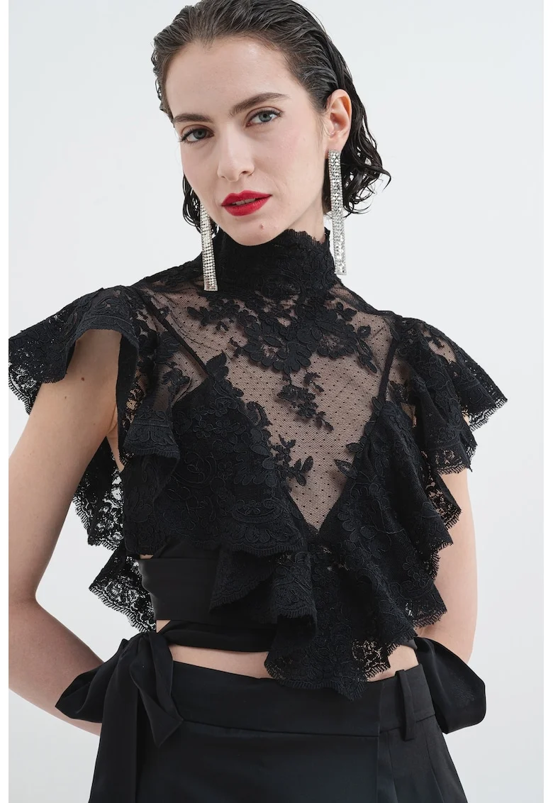 Bluza crop cu volane, maneci scurte si insertii de dantela, Negru/Transparent