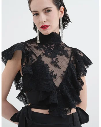 Bluza crop cu volane, maneci scurte si insertii de dantela, Negru/Transparent