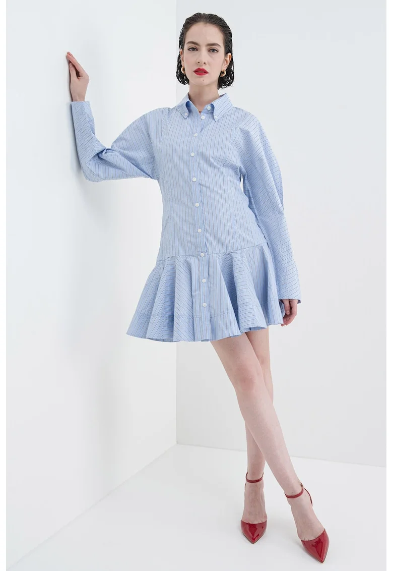 Rochie-camasa mini cu croiala evazata si maneci lungi, Alb/Albastru pastel/Albastru ultramarin