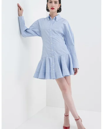 Rochie-camasa mini cu croiala evazata si maneci lungi, Alb/Albastru pastel/Albastru ultramarin