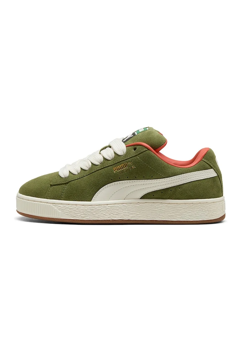 Pantofi sport Suede XL din piele intoarsa cu sireturi de rezerva, Alb/Kaki inchis