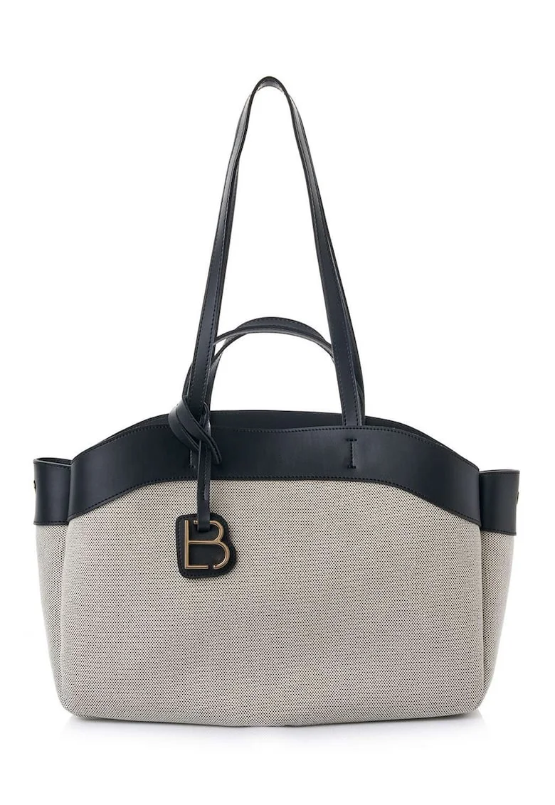 Geanta shopper cu garnituri din piele ecologica si talisman, deschis, Negru/Gri deschis, 22 x 42 x 19 cm