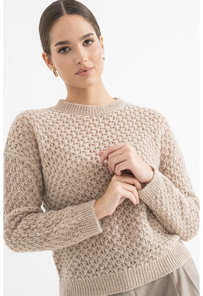Pulover din amestec de lana alpaca cu maneci cazute, Maro deschis