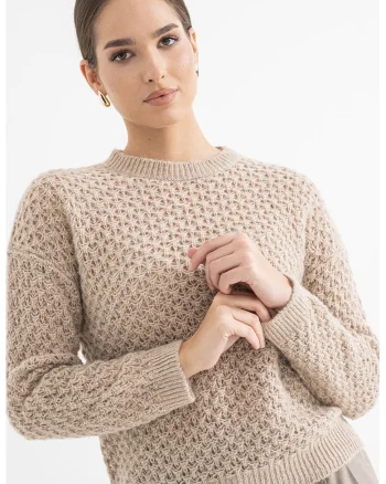 Pulover din amestec de lana alpaca cu maneci cazute, Maro deschis