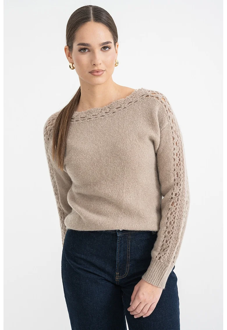 Pulover din amestec de lana cu detalii perforate, Maro taupe
