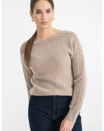 Pulover din amestec de lana cu detalii perforate, Maro taupe
