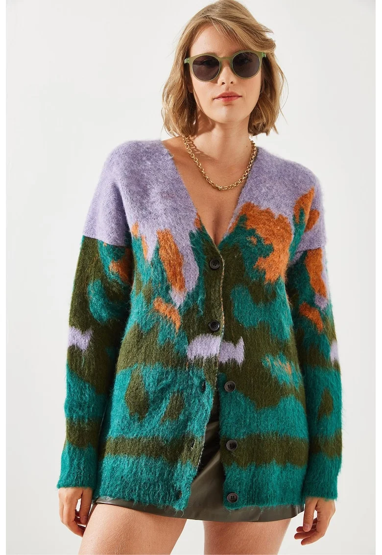Cardigan lung din jacquard  gros, albastru azur, tricot,