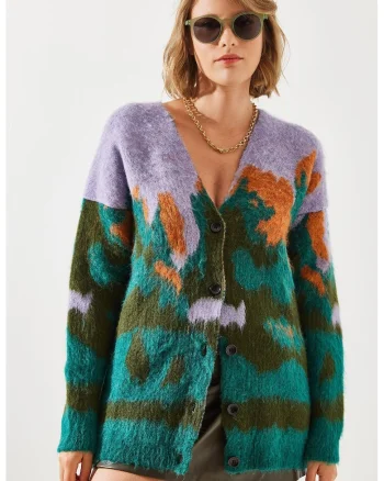 Cardigan lung din jacquard  gros, albastru azur, tricot,