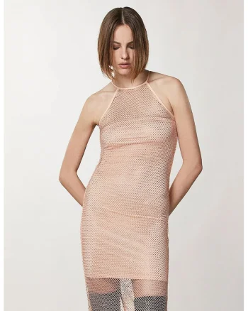 Rochie midi din plasa cu strasuri cu jupa asortata, Bej