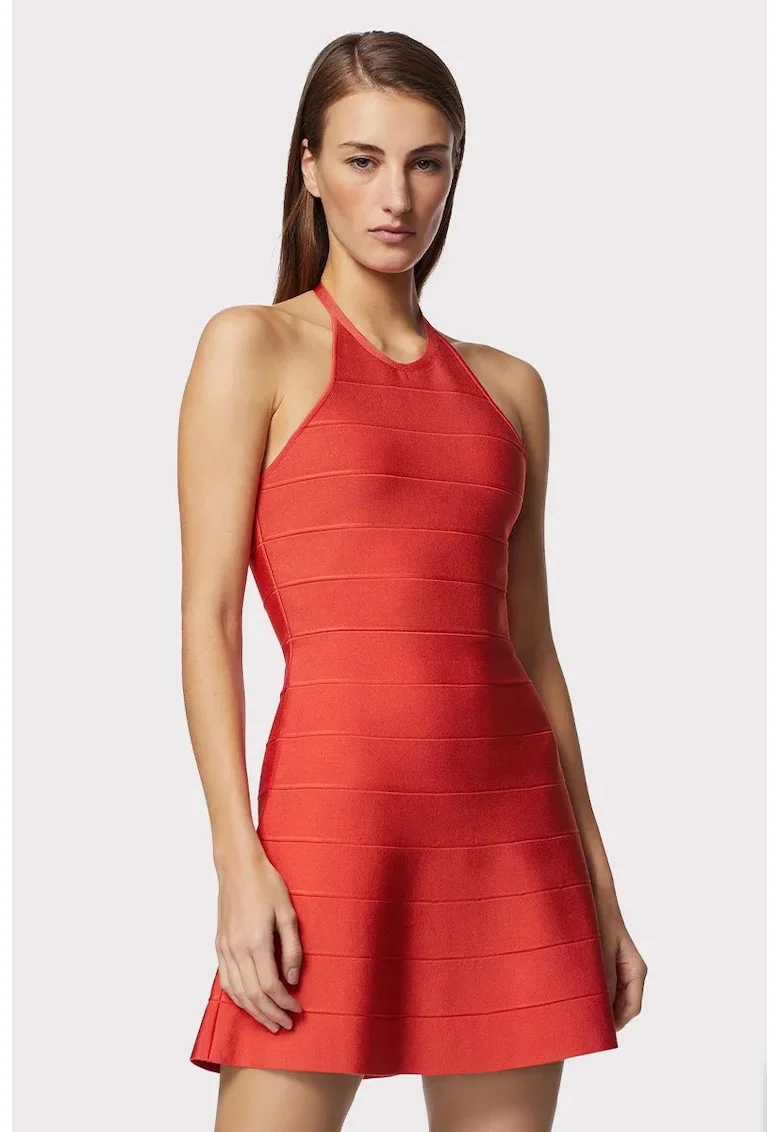 Rochie mini cu croiala in A si decolteu halter, Rosu