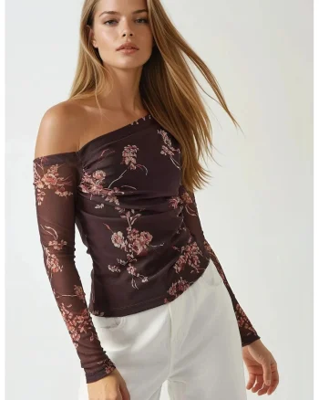 Bluza din tul cu imprimeu floral cu guler asimetric
