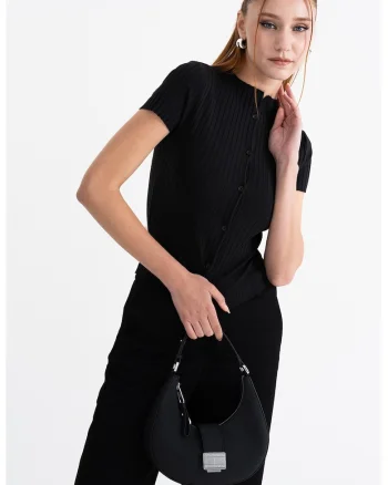Bluza slim fit cu striatii si maneci scurte, Negru