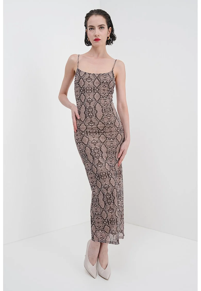 Rochie dreapta cu animal print si decolteu patrat, Maro inchis/Maro