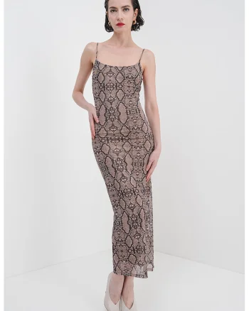 Rochie dreapta cu animal print si decolteu patrat, Maro inchis/Maro