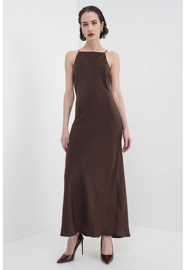 Rochie lunga cu model uni, fara maneci, Maro inchis