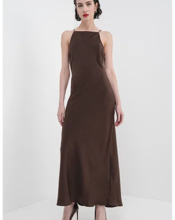 Rochie lunga cu model uni, fara maneci, Maro inchis